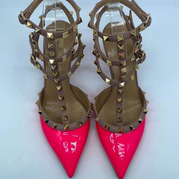 Valentino Garavani Hot Neon Pink patent leather Rockstud T strap pumps 39.5 - Picture 3 of 9